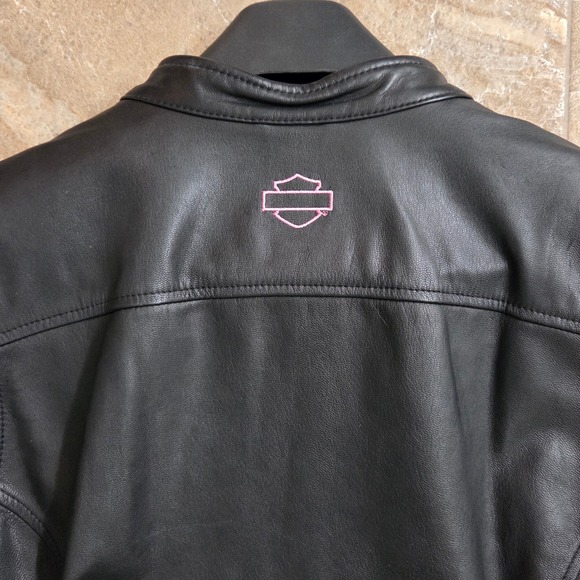 Harley Davidson Womens Black Leather Jacket Pink Embroidery Biker XL Purse Bell - Picture 8 of 16